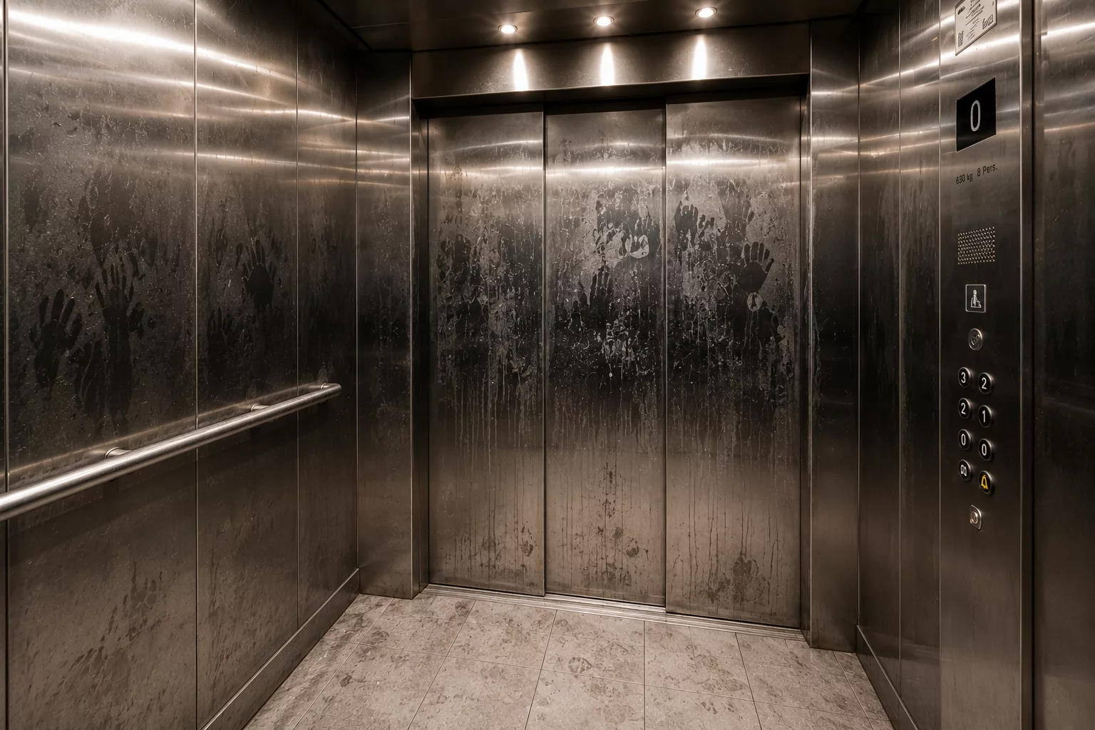 Avant - Cabine d'ascenseur usée en acier inoxydable